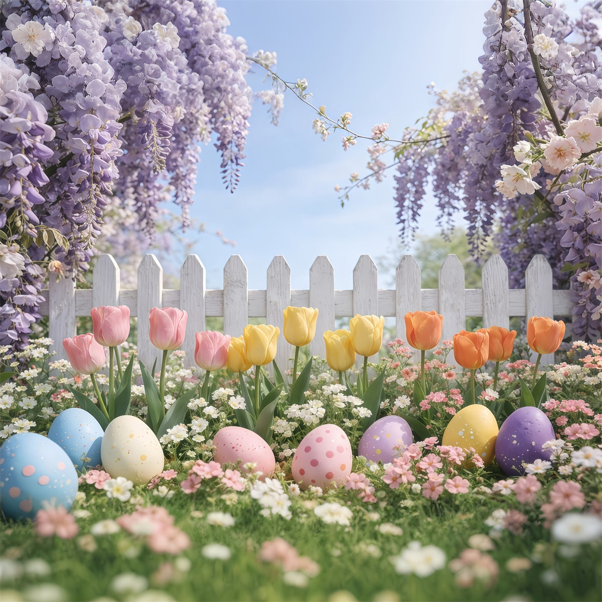 Oster-Lattenzaun-Hintergrund Lavendel-Tulpen-Garten Eier Osterbilder-Hintergrund GQ61-60