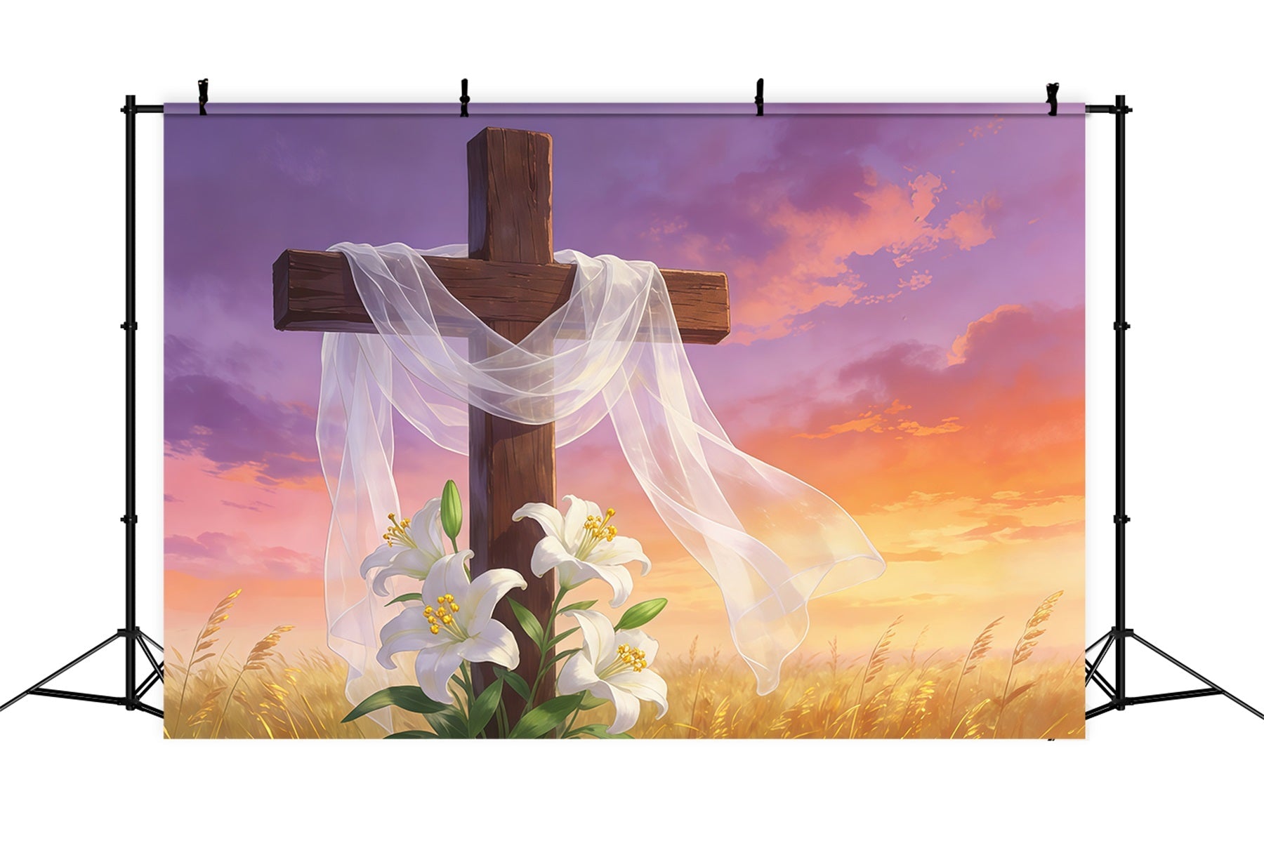 Oster-Kreuz und Lilien-Hintergrund Auferstehungskreuz Goldener Himmel Frohe Ostern-Hintergründe GQ61-63