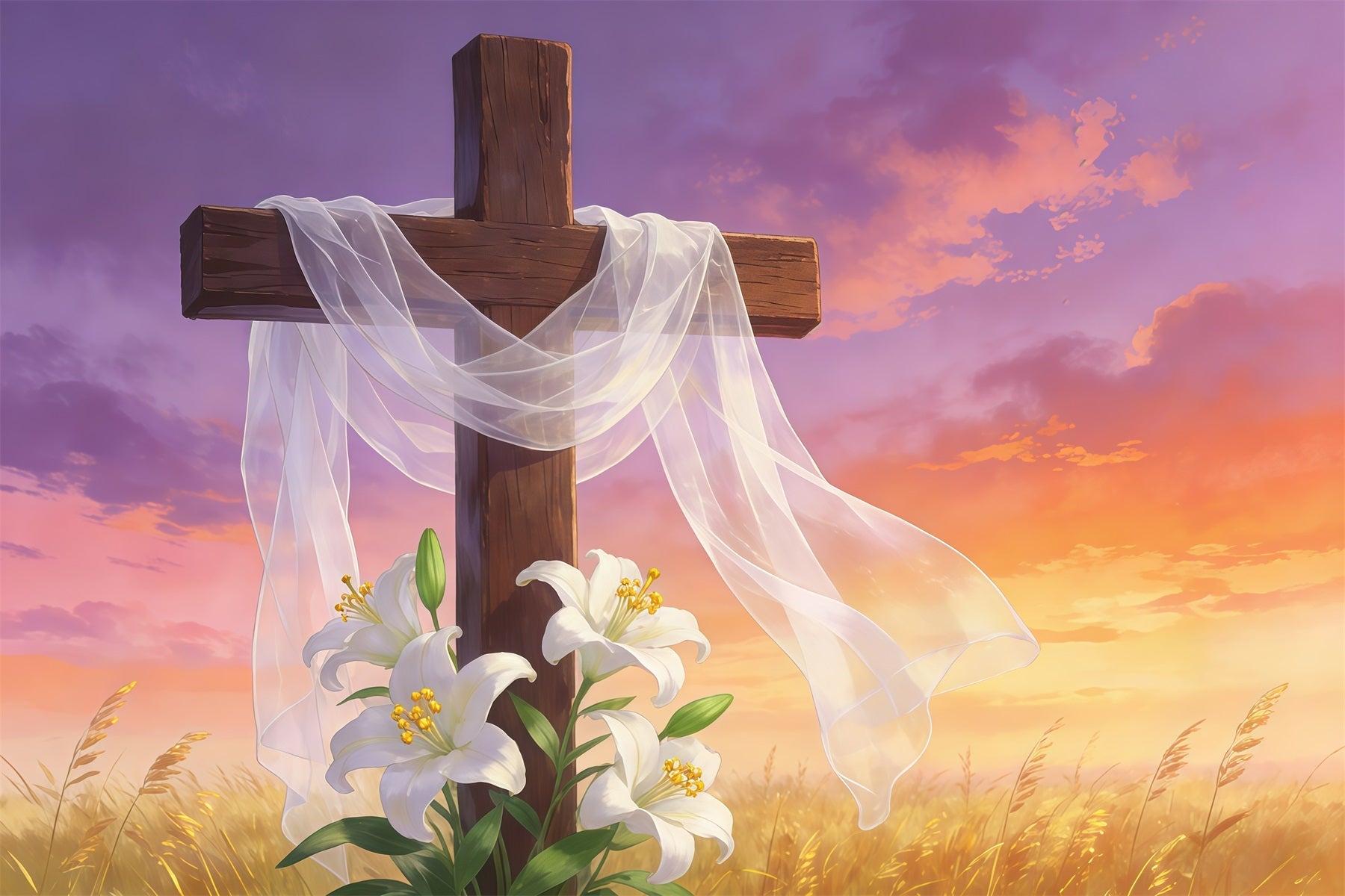 Oster-Kreuz und Lilien-Hintergrund Auferstehungskreuz Goldener Himmel Frohe Ostern-Hintergründe GQ61-63