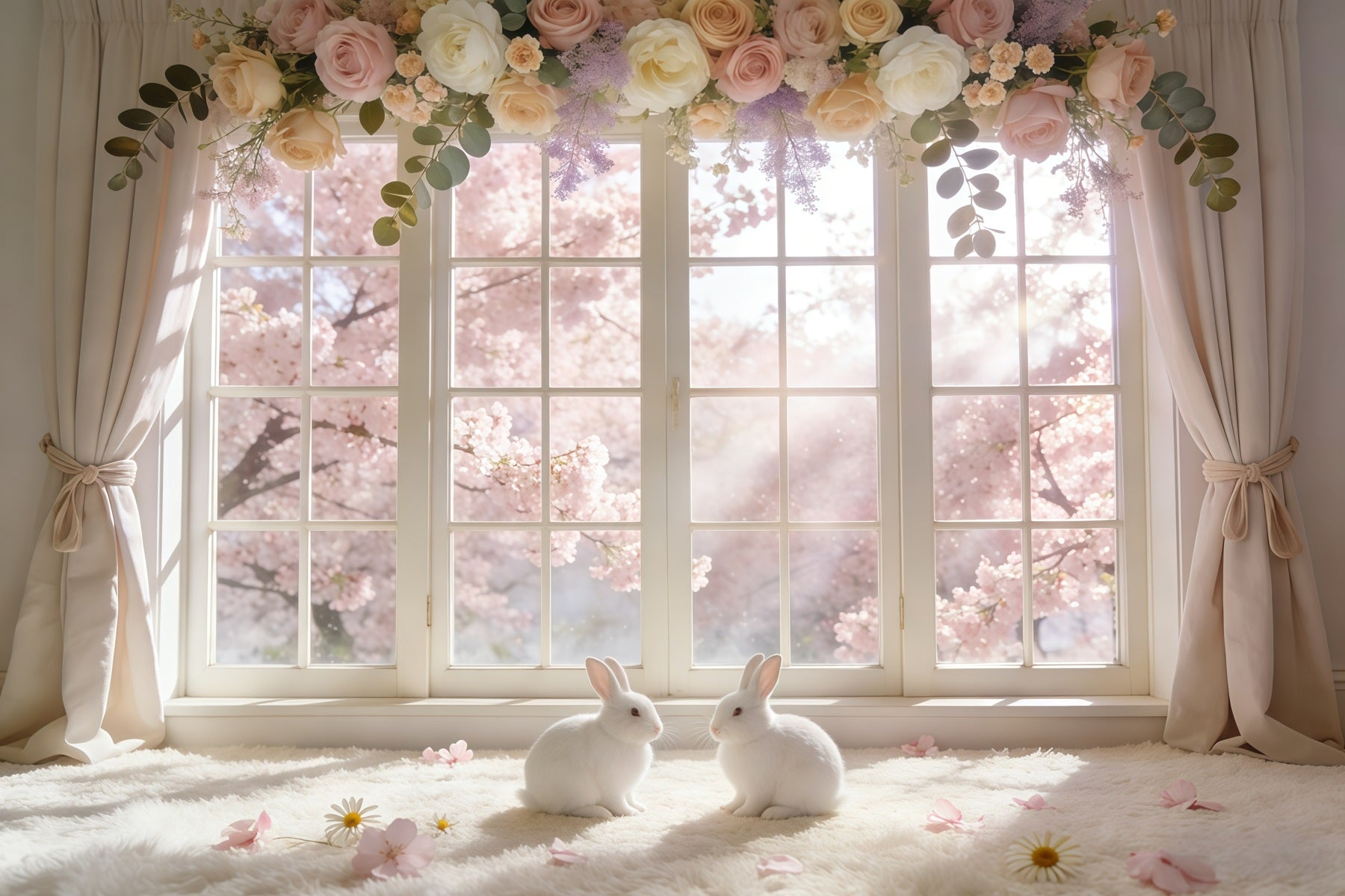 Osterfenster Frühlingslicht-Hintergrund Blütenkranz Hasen Ideen für Osterhintergründe GQ61-67