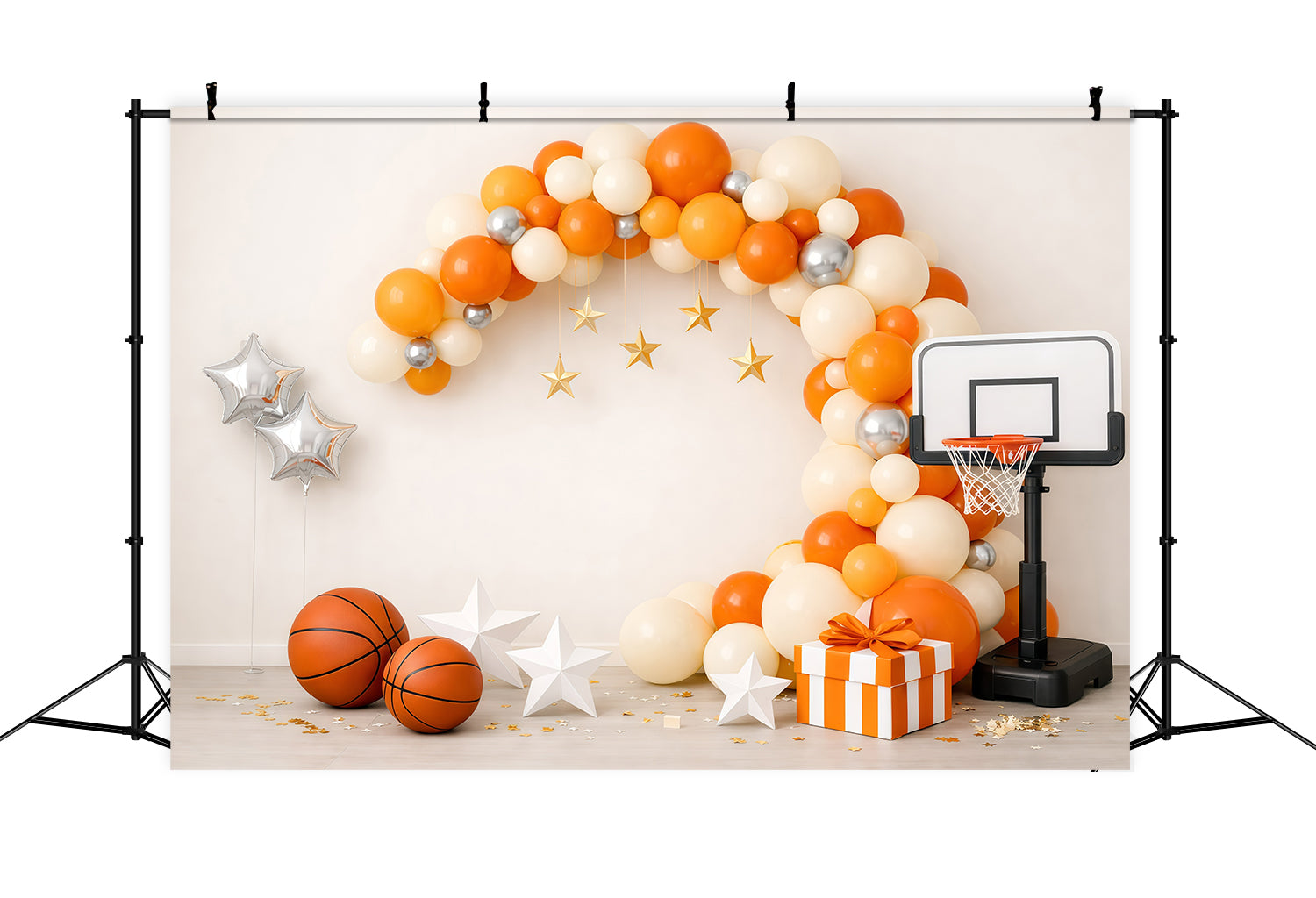 Basketball-Fotohintergrund Orangefarbener Ballonbogen Geschenkbox Sport-Hintergrund GQ61-70