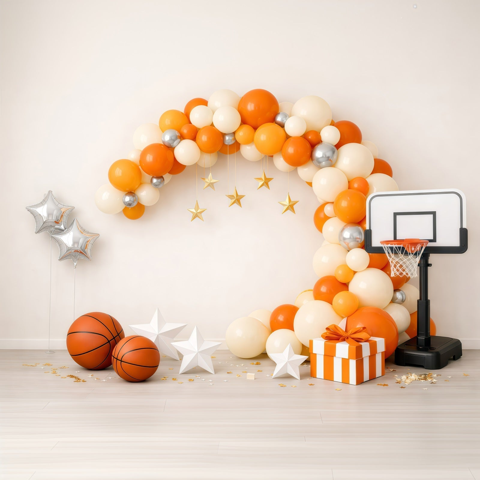 Basketball-Fotohintergrund Orangefarbener Ballonbogen Geschenkbox Sport-Hintergrund GQ61-70