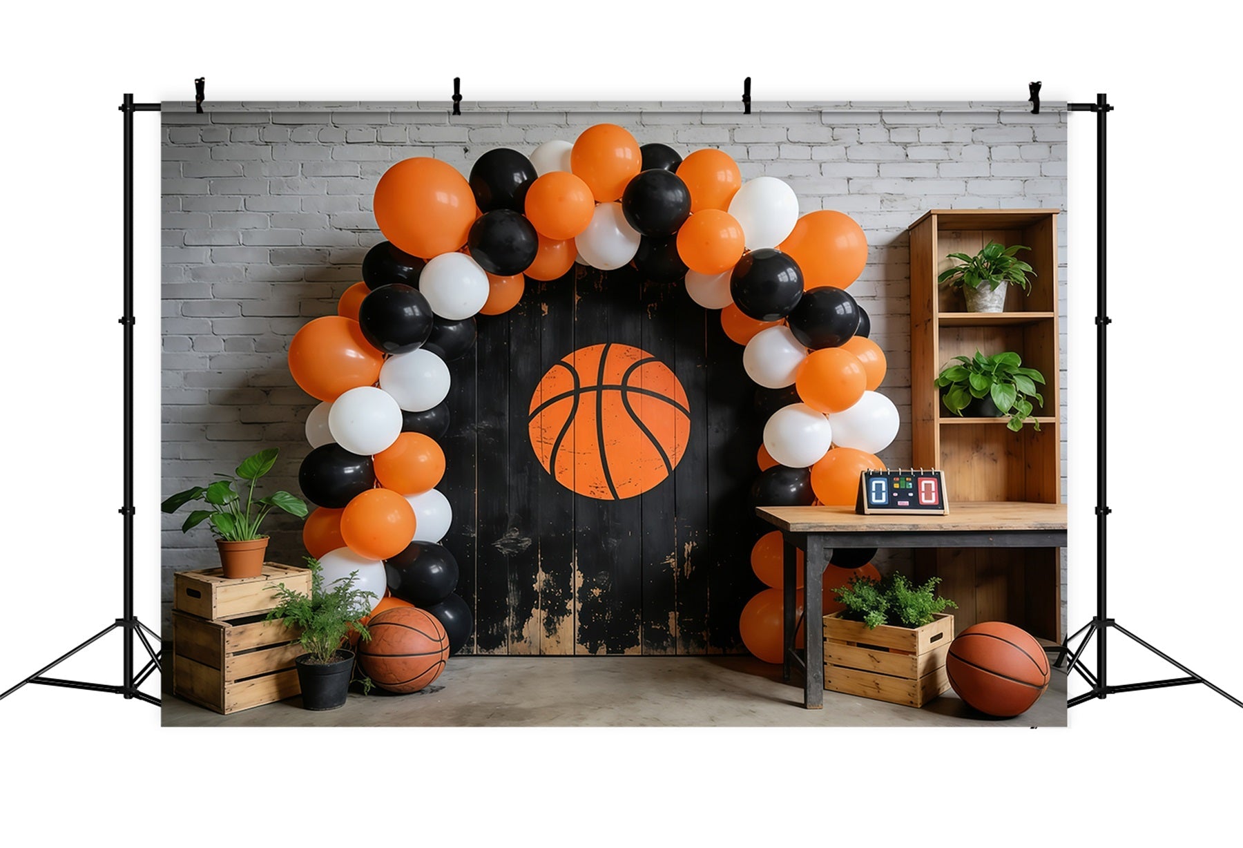 Basketball-Fotografie-Hintergrund Rustikale Wand Ballonbogen Sportfoto-Hintergrund GQ61-74