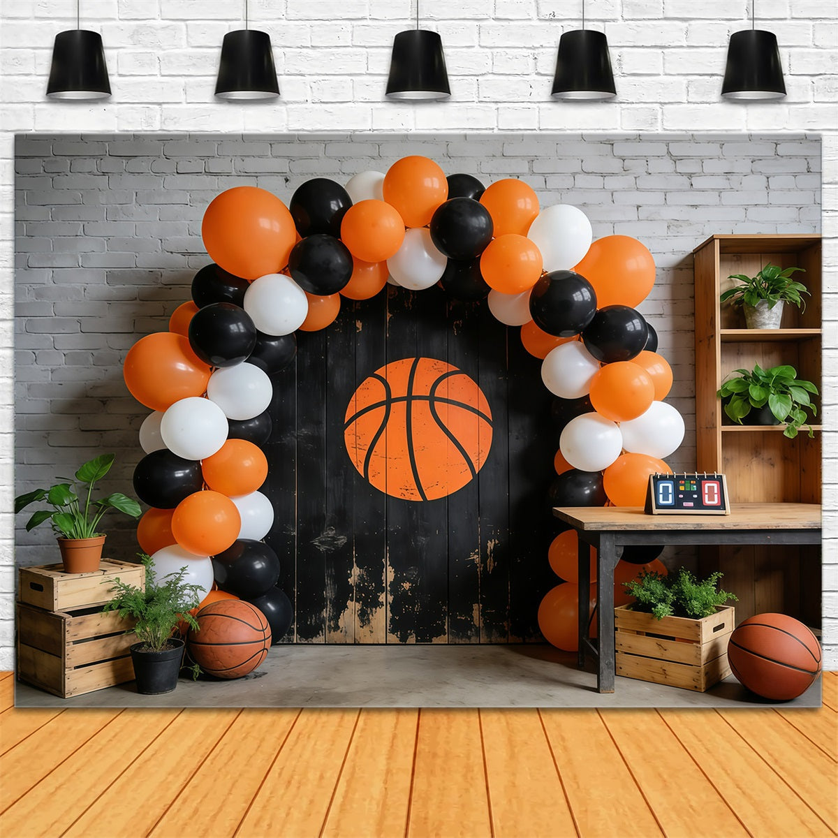 Basketball-Fotografie-Hintergrund Rustikale Wand Ballonbogen Sportfoto-Hintergrund GQ61-74