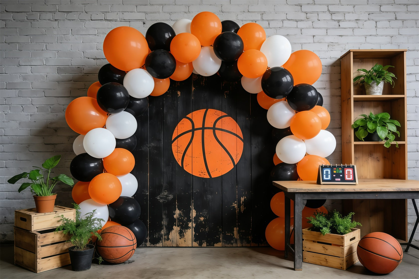 Basketball-Fotografie-Hintergrund Rustikale Wand Ballonbogen Sportfoto-Hintergrund GQ61-74