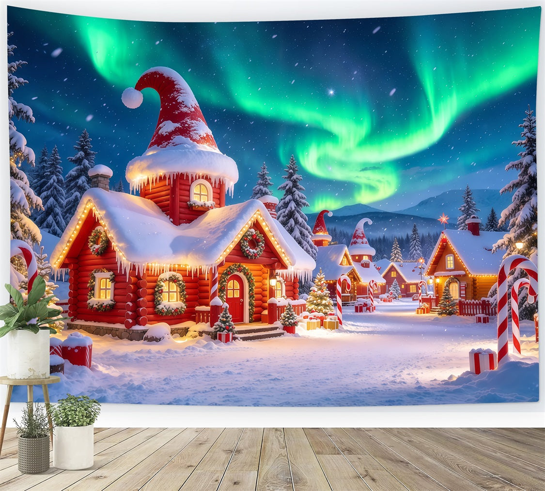 Weihnachtlicher Elfen-Hintergrund Polarlicht Verschneites Dorf GQ610-102