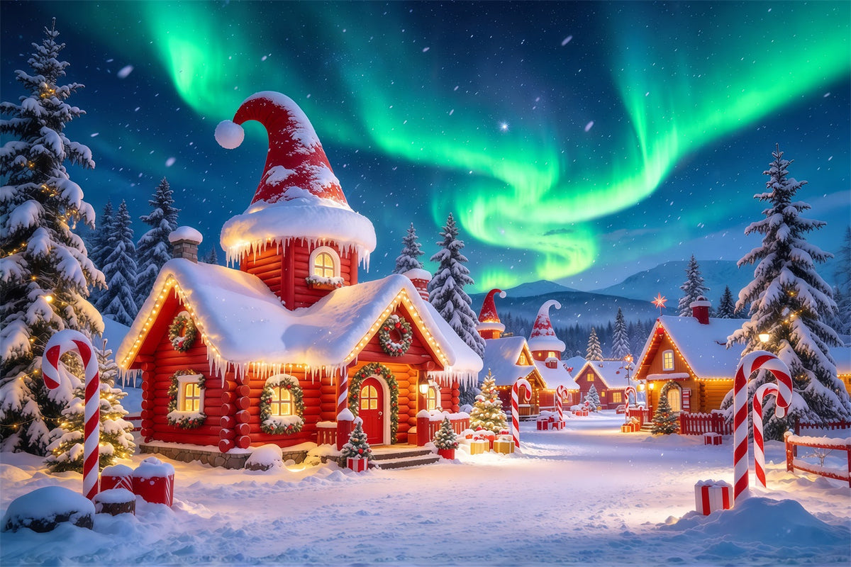 Weihnachtlicher Elfen-Hintergrund Polarlicht Verschneites Dorf GQ610-102