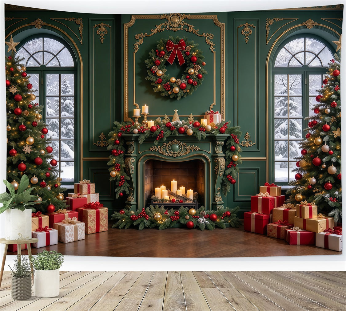 Weihnachtlicher Wohnzimmerhintergrund Smaragdgrüner Goldener Kamin GQ610-103