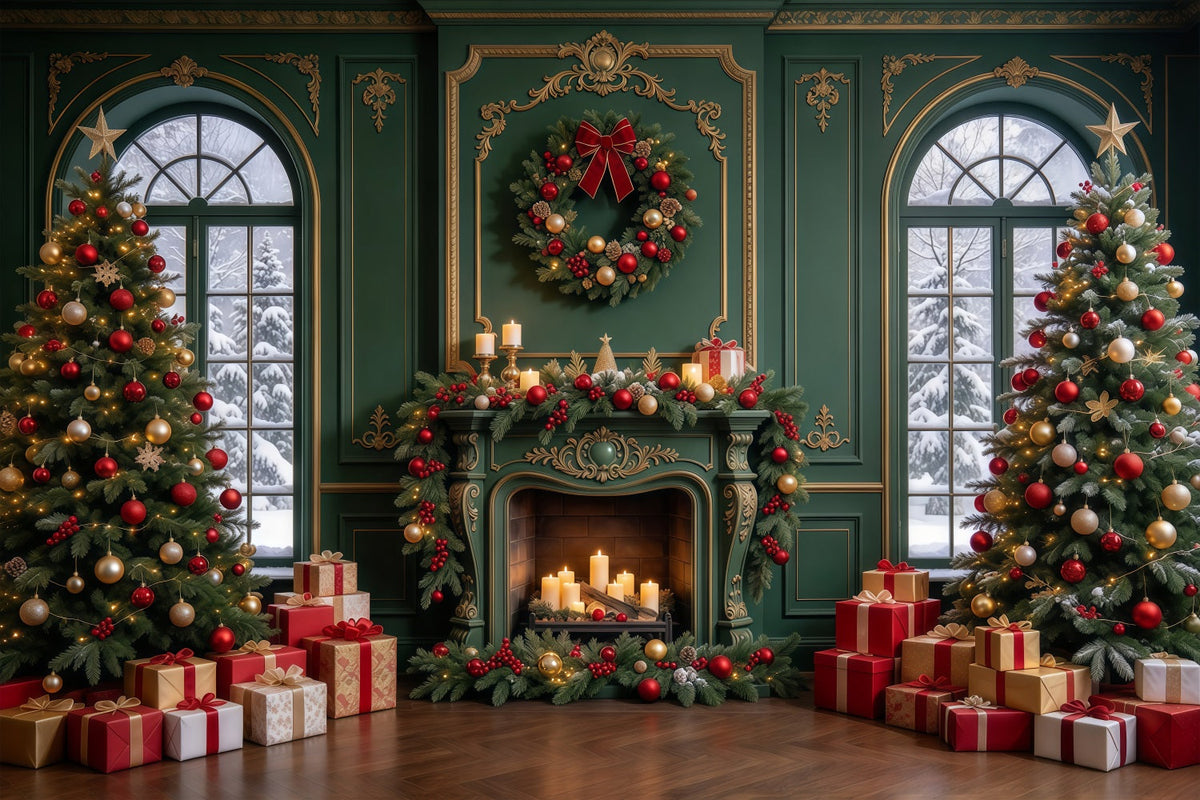 Weihnachtlicher Wohnzimmerhintergrund Smaragdgrüner Goldener Kamin GQ610-103