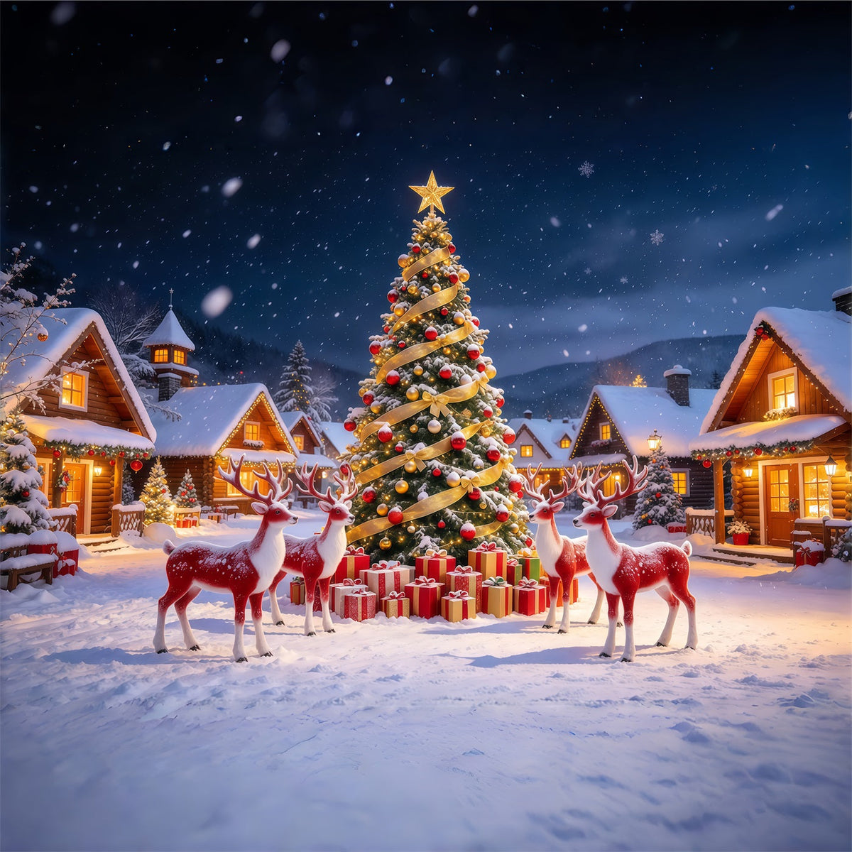 Retro-Weihnachtshintergrund Rentierdorf Verschneite Landschaft GQ610-105