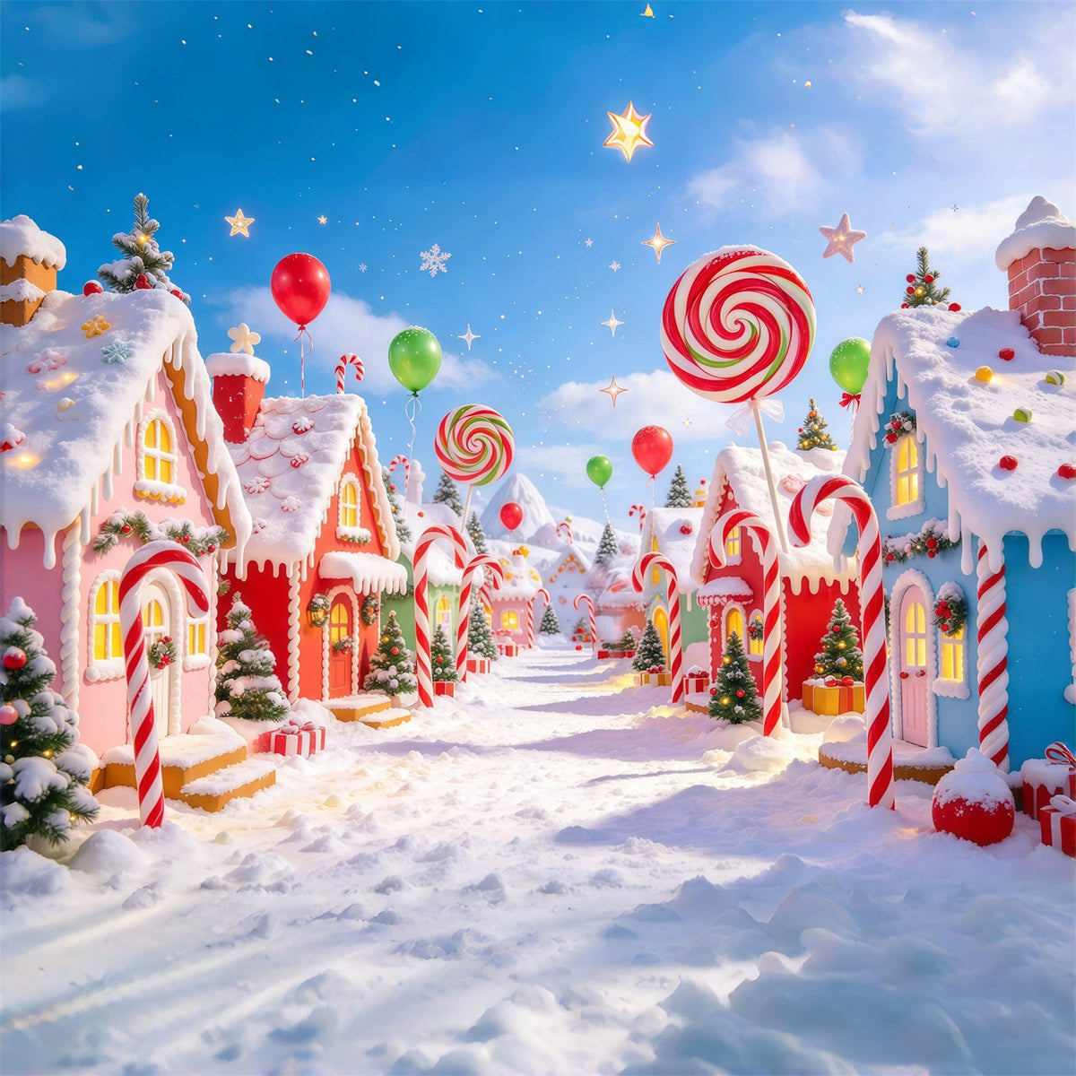 Weihnachtlicher Süßigkeitenland-Hintergrund Riesige Lutscher Süßigkeiten-Dorf GQ610-106