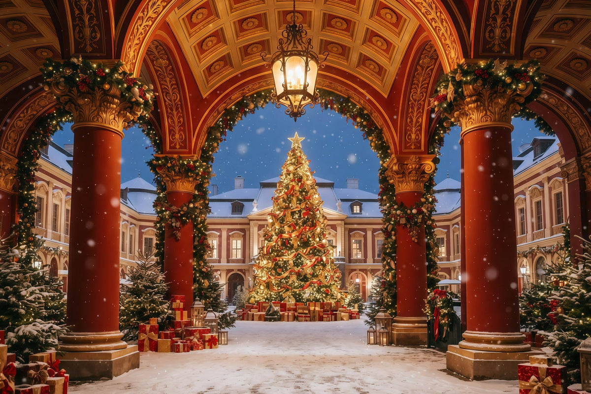 Weihnachtlicher Torbogen-Hintergrund Verzierte Hofanlage Weihnachtsbaum-Auslage GQ610-110