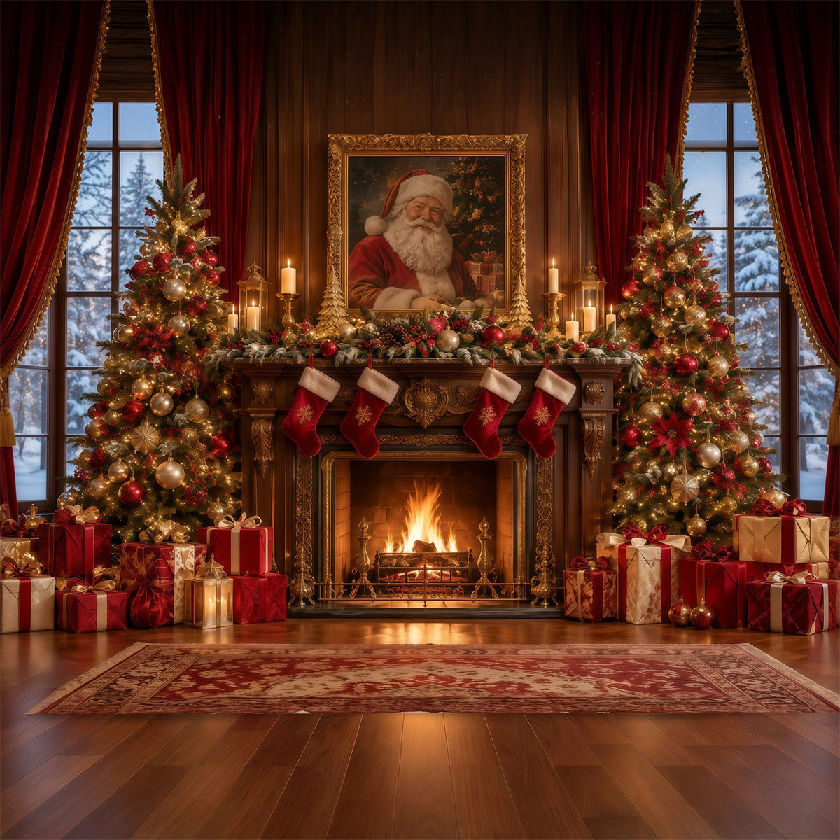 Weihnachtlicher Fotohintergrund Santa-Porträt Kamin Kaminsims GQ610-119
