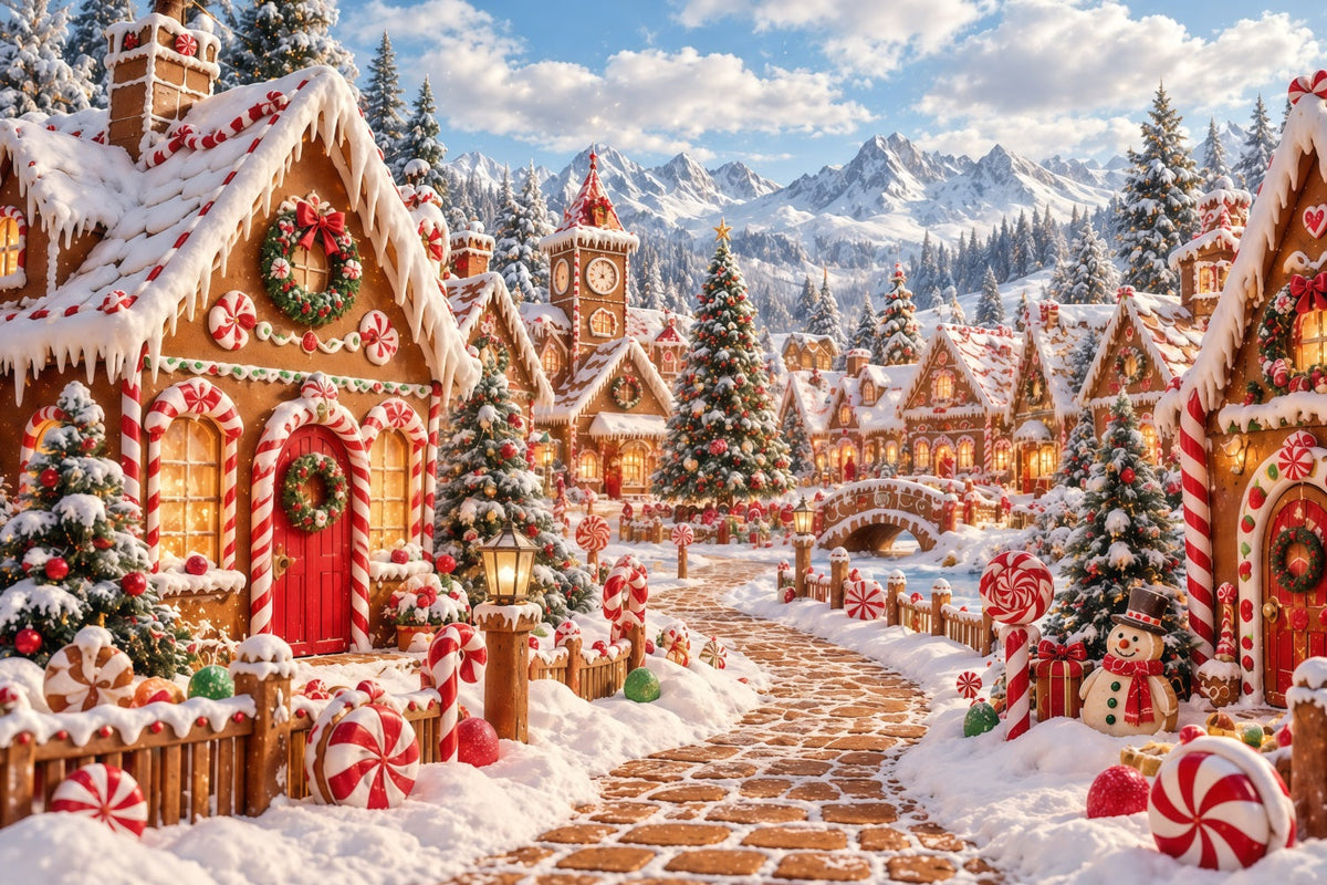 Weihnachtlicher Lebkuchen-Hintergrund Verschneites Süßigkeiten-Dorf GQ610-125