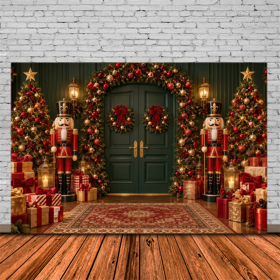 Weihnachtlicher Hintergrund Schleifenkranz Smaragdgrüner Türbogen Nussknacker GQ610-126