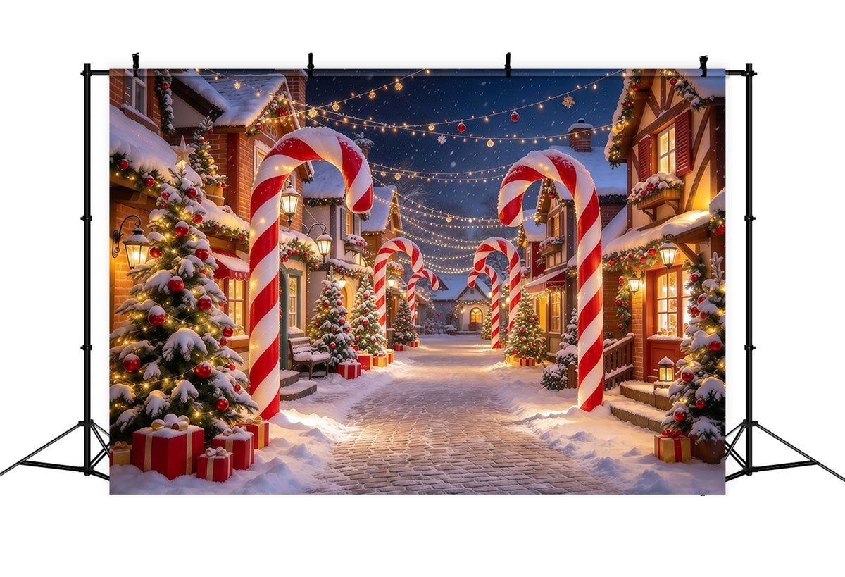 Weihnachtsdorf Hintergrund Verschneite Zuckerstangen Straße GQ610-14