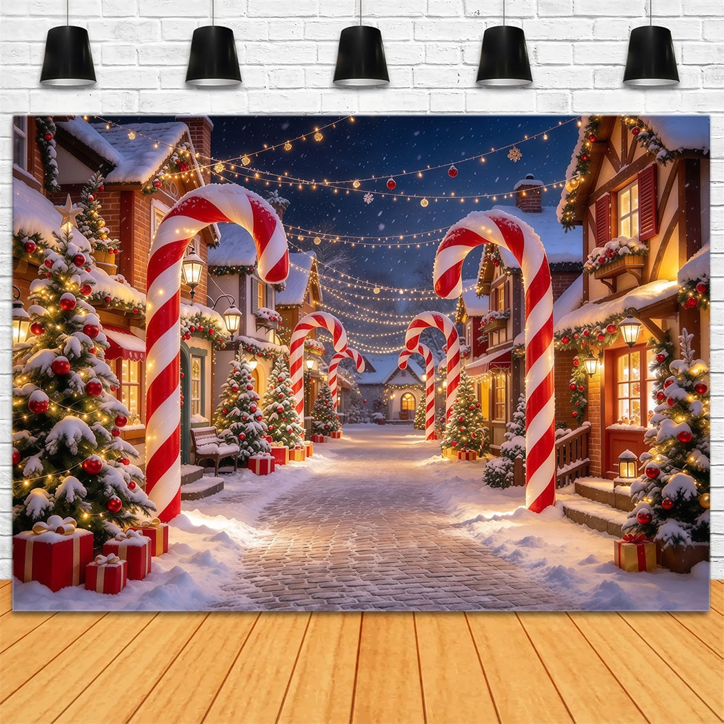 Weihnachtsdorf Hintergrund Verschneite Zuckerstangen Straße GQ610-14