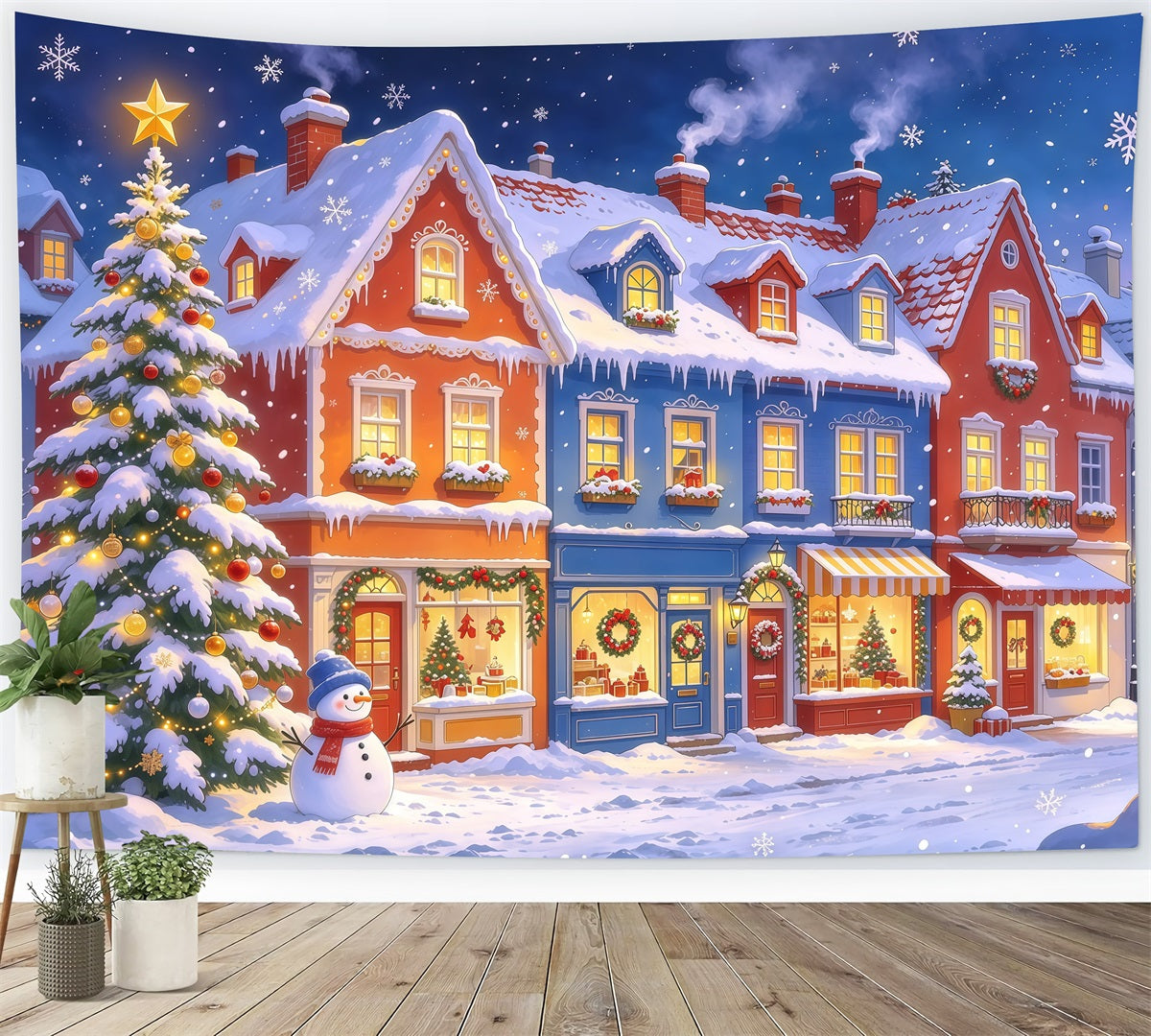 Weihnachtsstadt Hintergrund Verschneite Bunte Dorfläden GQ610-17