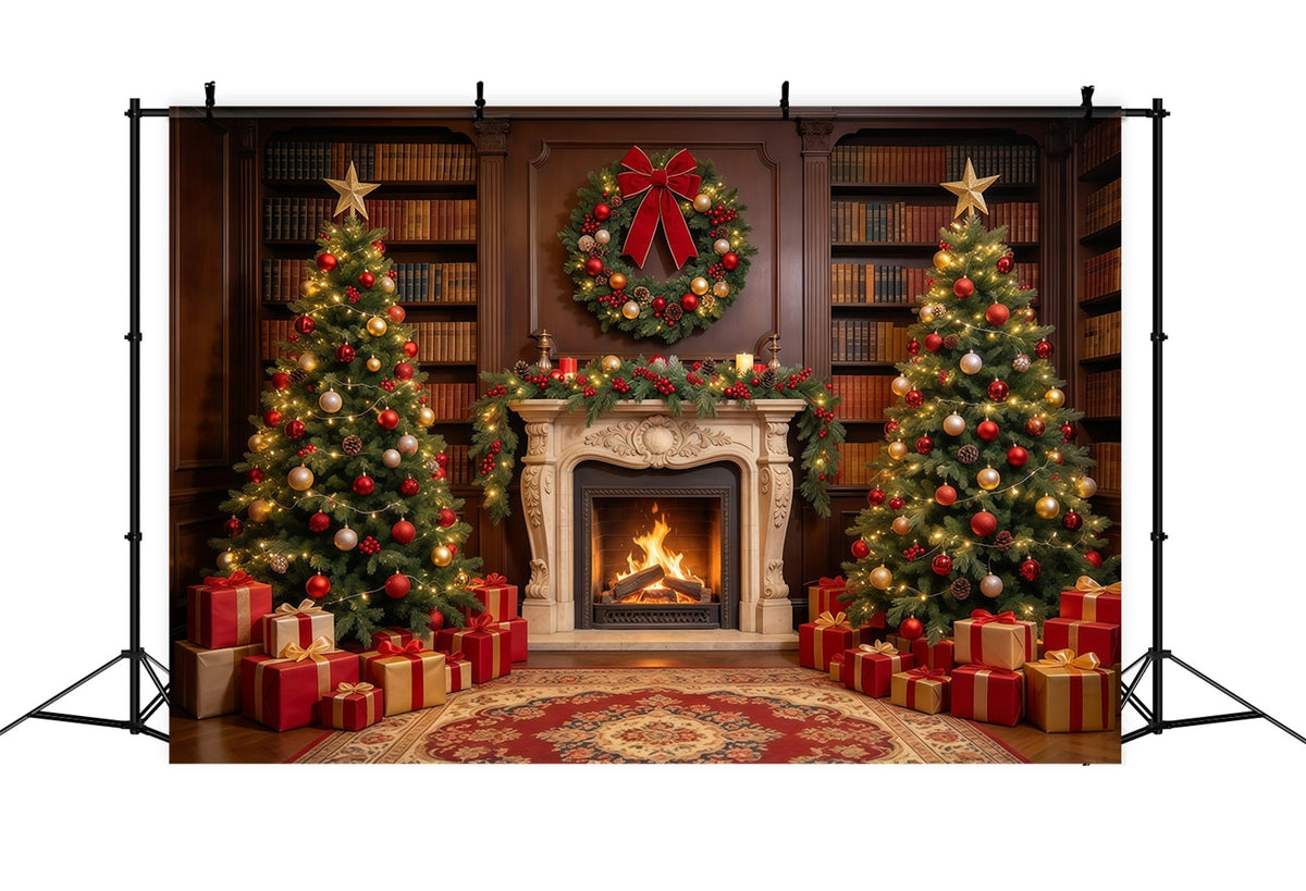 Weihnachtlicher Fotohintergrund Verzierte Bibliothek Dekoration Kamin GQ610-21