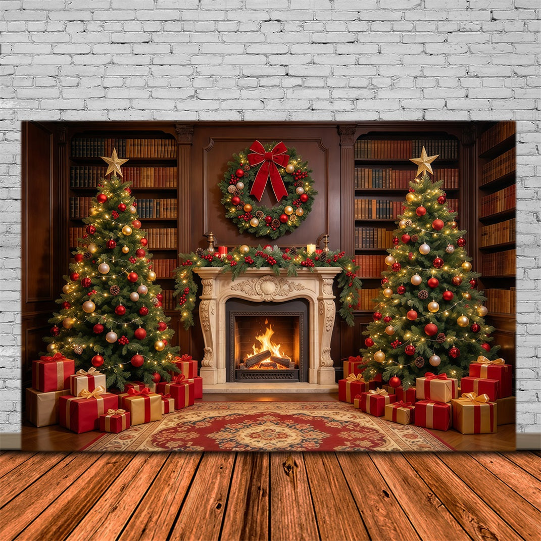 Weihnachtlicher Fotohintergrund Verzierte Bibliothek Dekoration Kamin GQ610-21