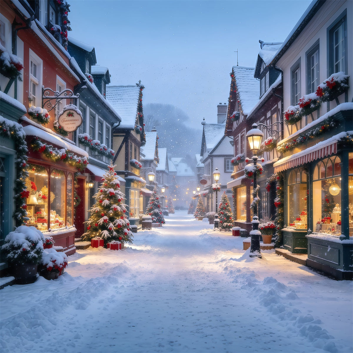 Weihnachtsdorf Hintergrund Verschneite Europäische Winterstraße GQ610-23