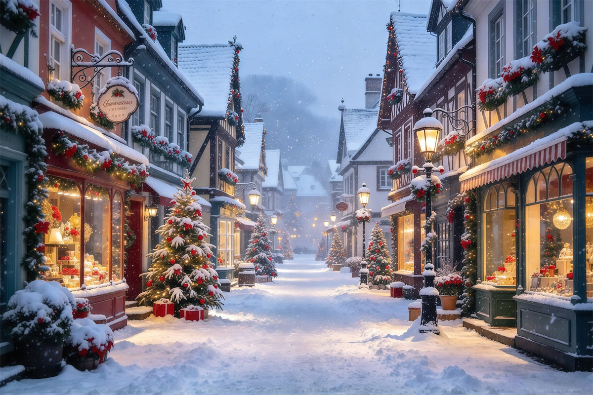 Weihnachtsdorf Hintergrund Verschneite Europäische Winterstraße GQ610-23