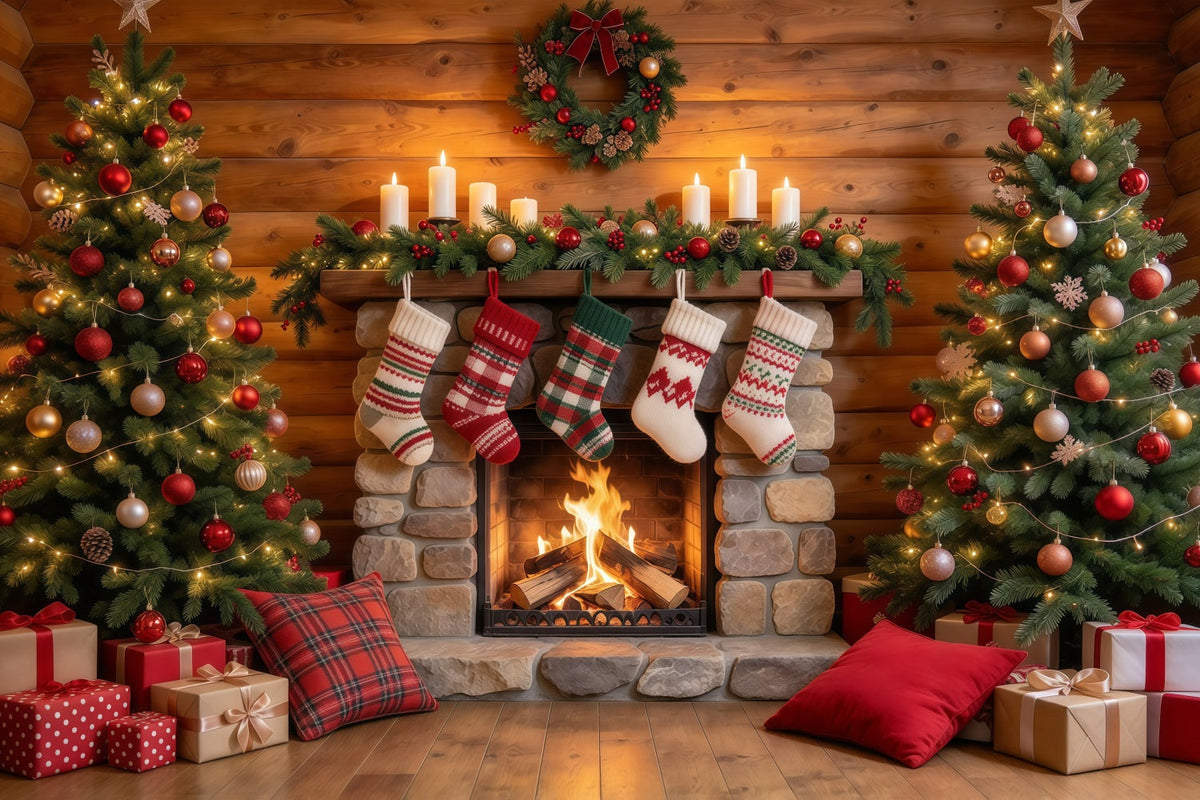 Weihnachtskamin Hintergrund Rustikaler Steinkamin Weihnachtssocken GQ610-24