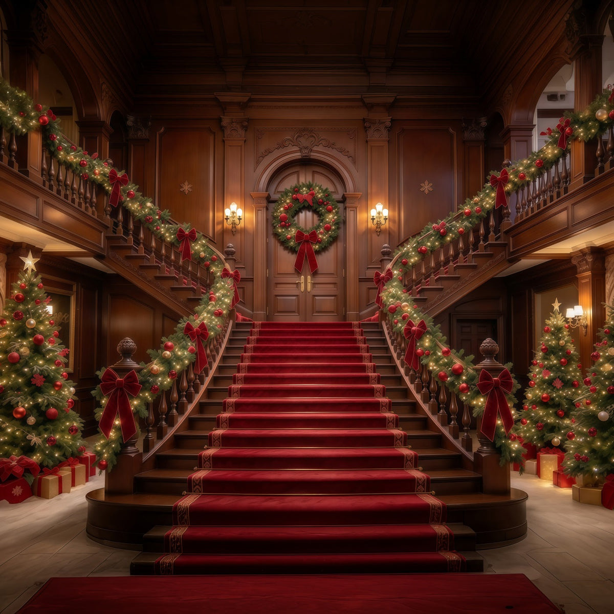 Weihnachtlicher Szenenhintergrund Girlandengeschmückte Große Holztreppe GQ610-25