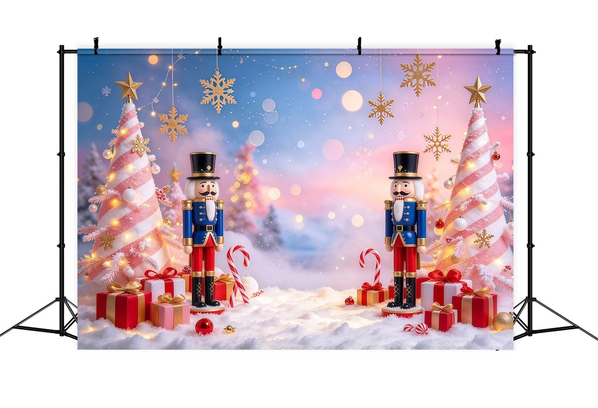 Weihnachtlicher Hintergrund Rosa Weihnachtsbaum Schneeflocken Bokeh Nussknacker GQ610-26