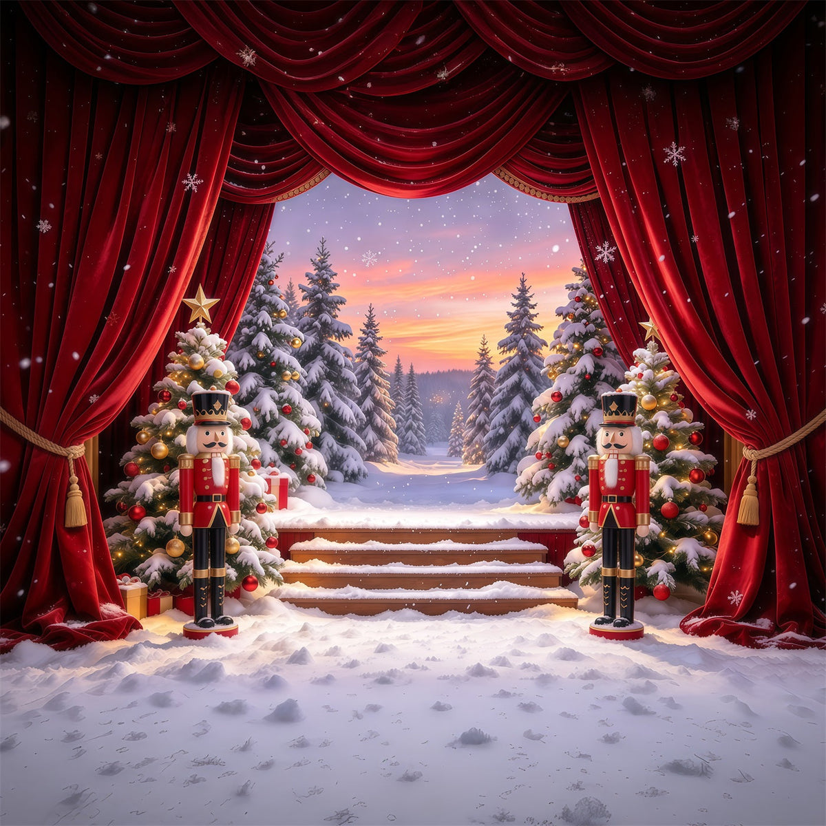 Weihnachtlicher Themenhintergrund Verschneiter Wald Bühnenvorhang Nussknacker GQ610-29