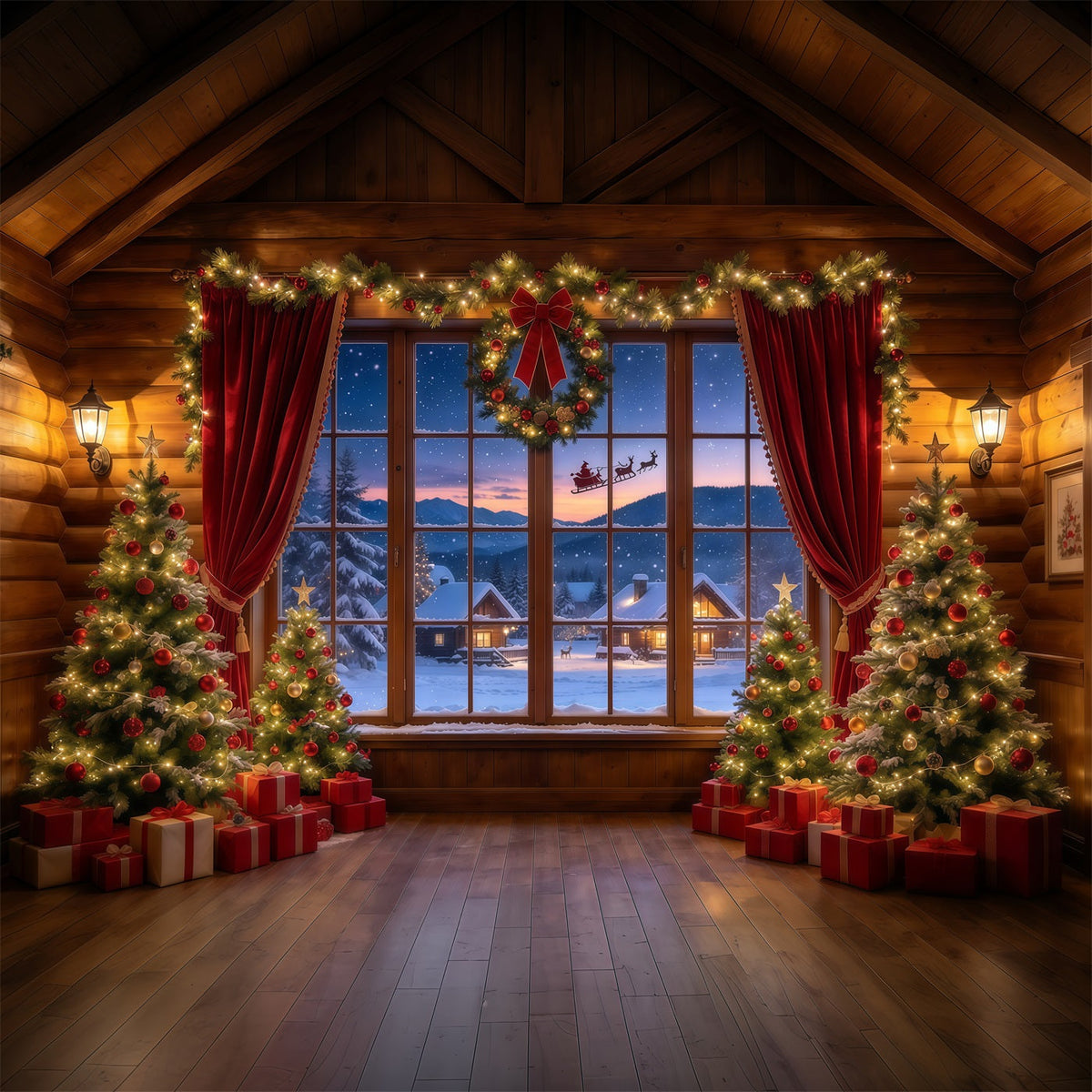 Santa Hintergrund Rustikale Hütte Schlitten Fenster GQ610-3