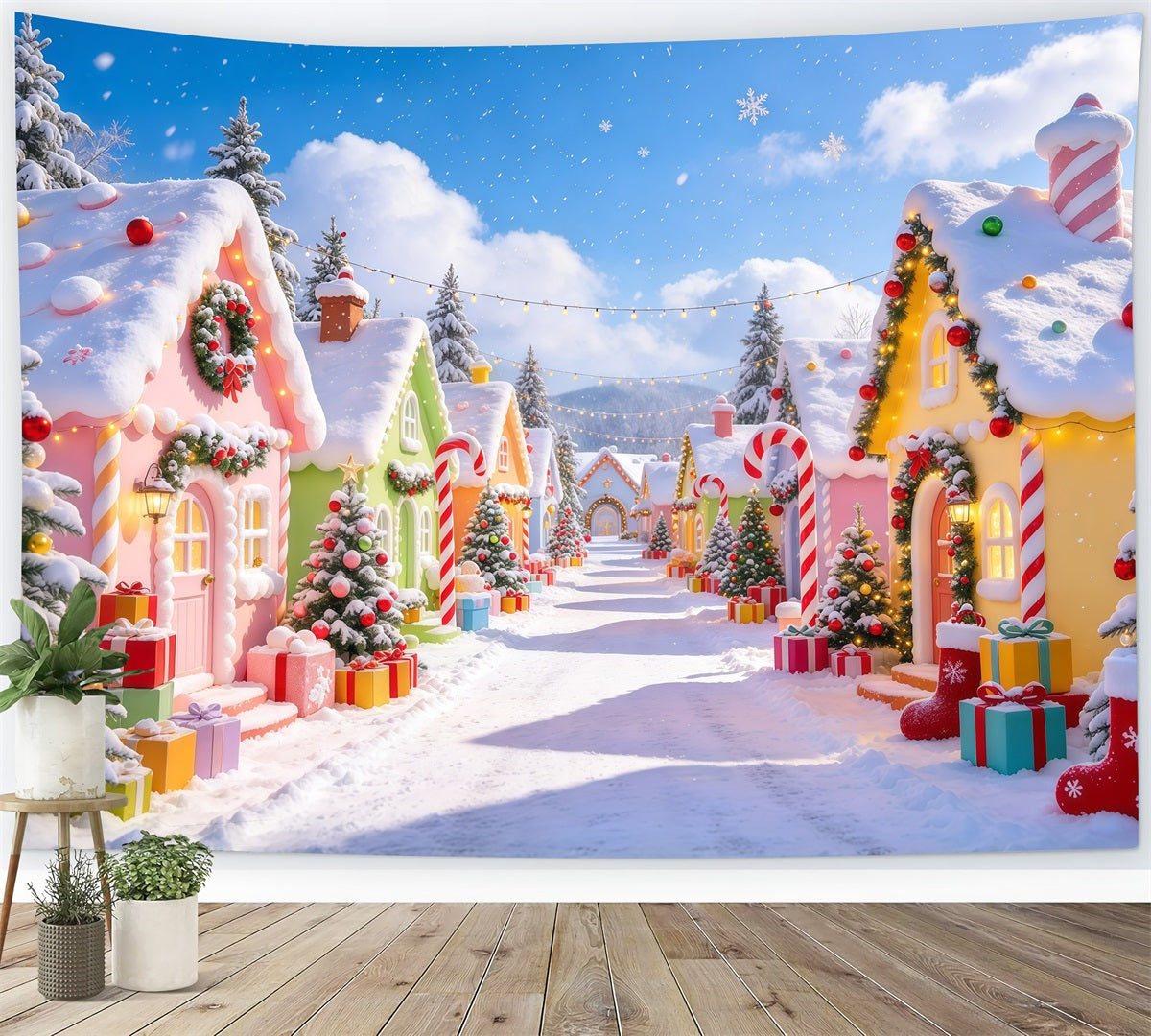 Weihnachtsdorf Hintergrund Pastellfarbenes Süßigkeitenhäuschen Schnee GQ610-31