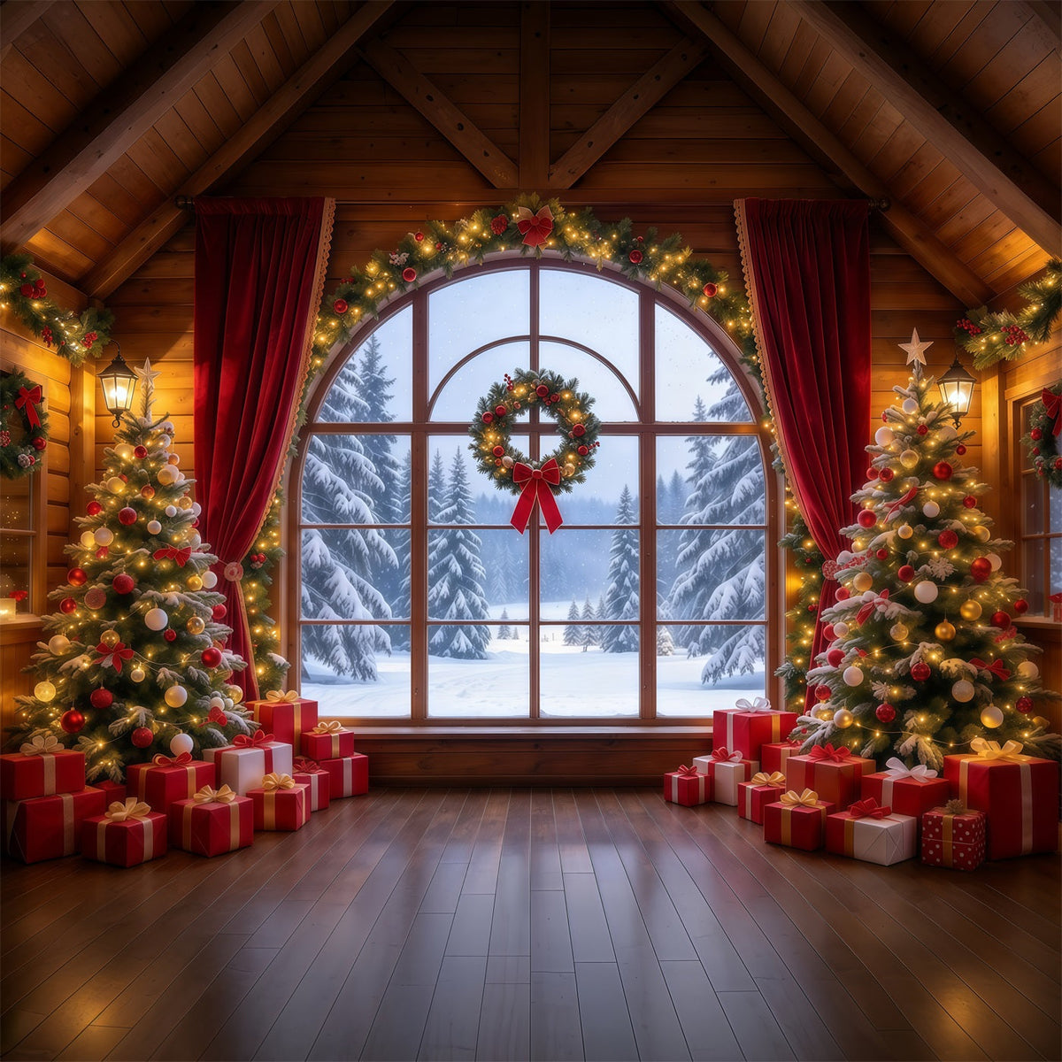 Weihnachtlicher Hintergrund Karmesinroter Vorhang Winterfenster GQ610-35