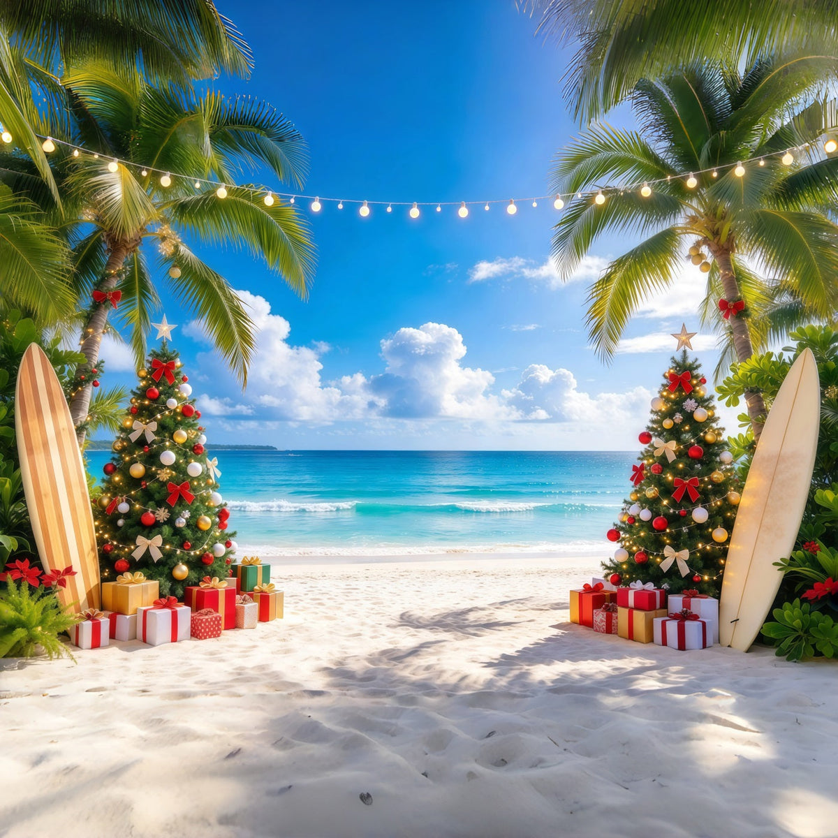Tropischer Weihnachtshintergrund Palme Surfbrett Strand GQ610-37