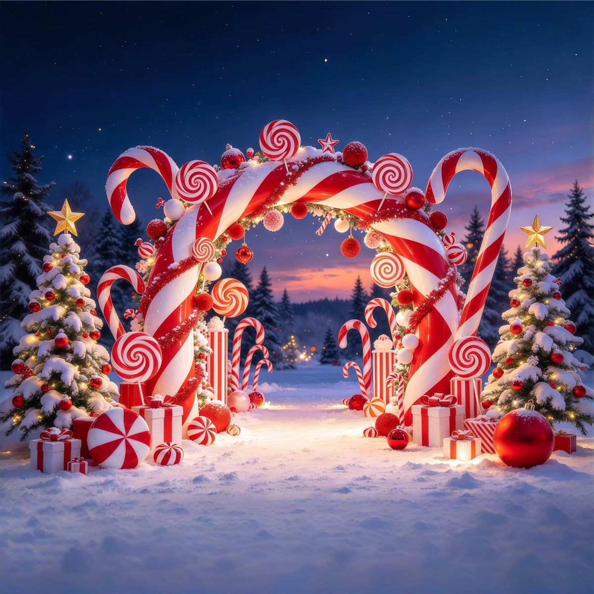 Weihnachtlicher Zuckerstangen Hintergrund Verschneiter Süßigkeitenland Torbogen GQ610-48