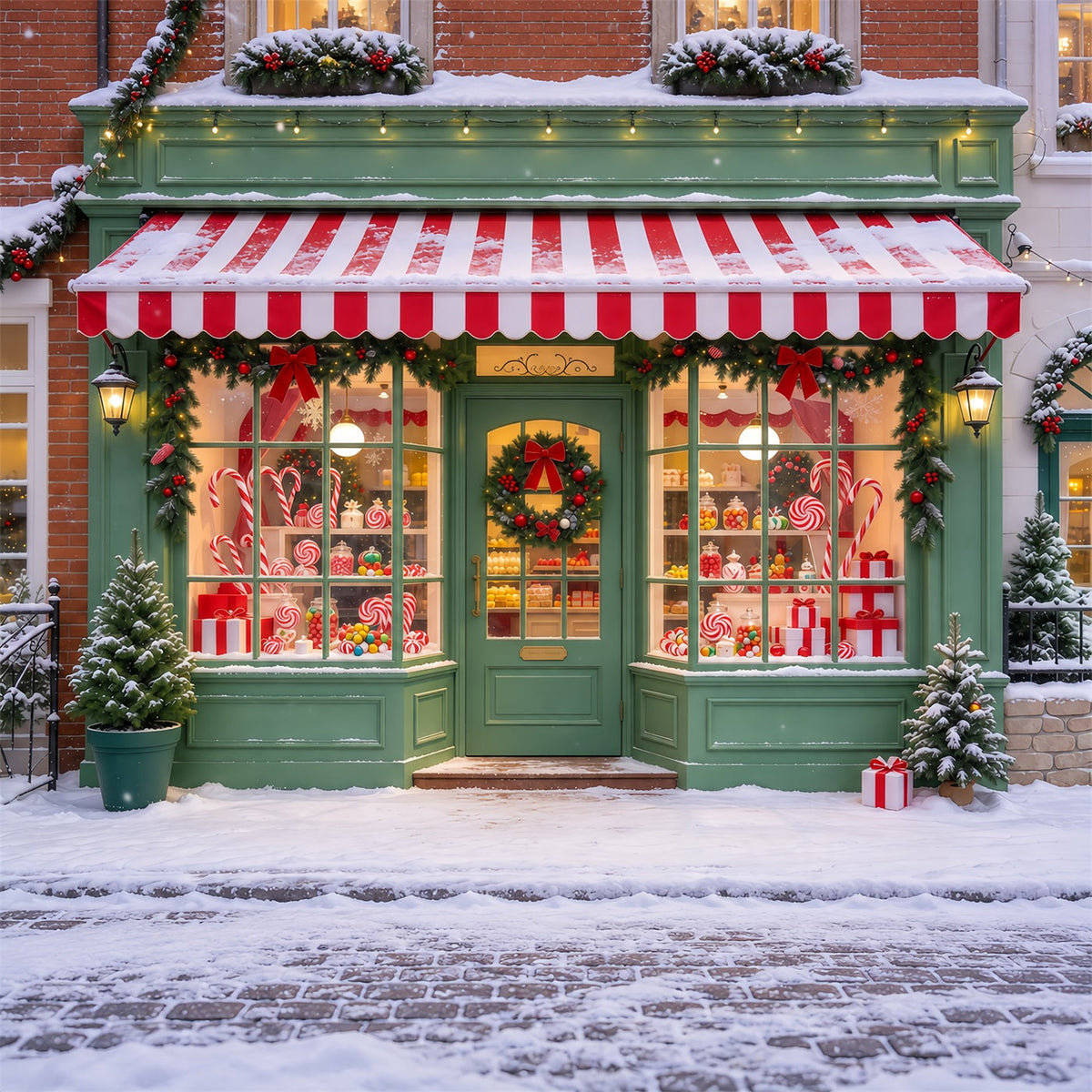 Weihnachtlicher Zuckerstangen Hintergrund Verschneite Grüne Süßwarenladen Fassade GQ610-50
