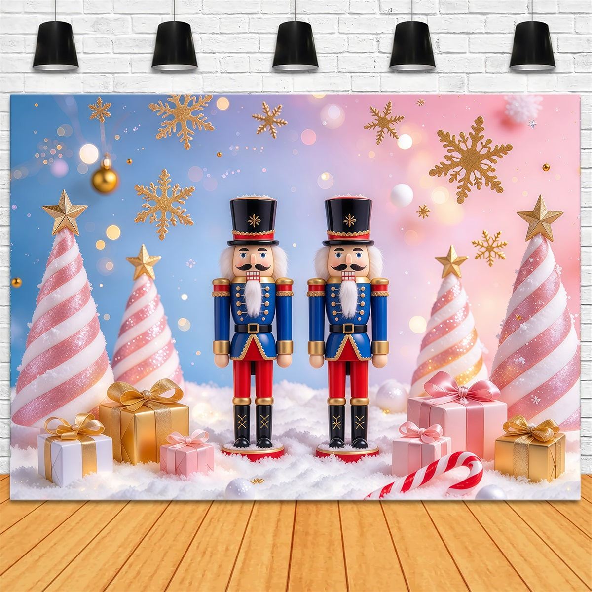 Weihnachtlicher Hintergrund Pastellfarbene Zuckerstangen Bäume Nussknacker GQ610-56