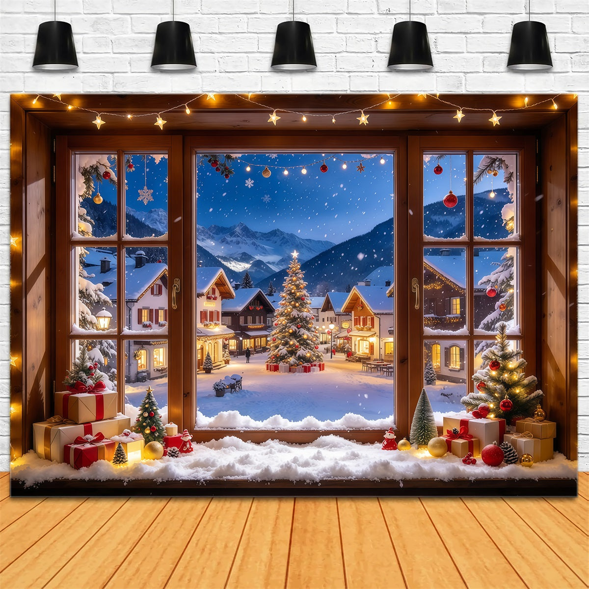 Winterlicher Weihnachtshintergrund Verschneites Alpenhaus Fenster Weihnachtsdorf GQ610-57