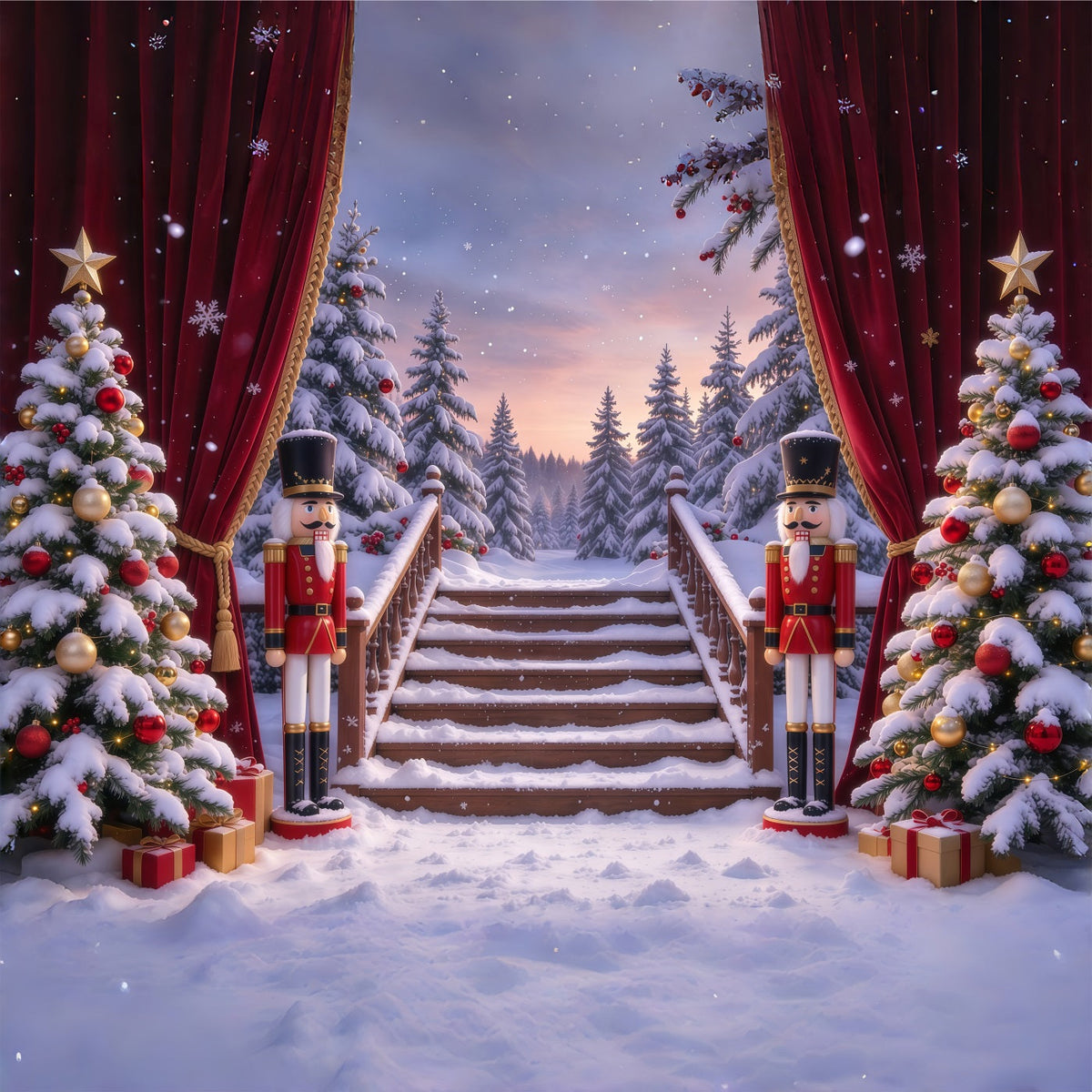 Weihnachtlicher Themenhintergrund Verschneiter Waldeingang Nussknacker Bühne GQ610-59