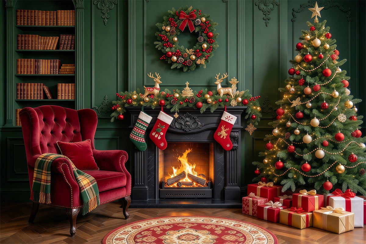 Weihnachtskamin Hintergrund Smaragdgrüner Kamin Weihnachtssocken Lounge GQ610-60