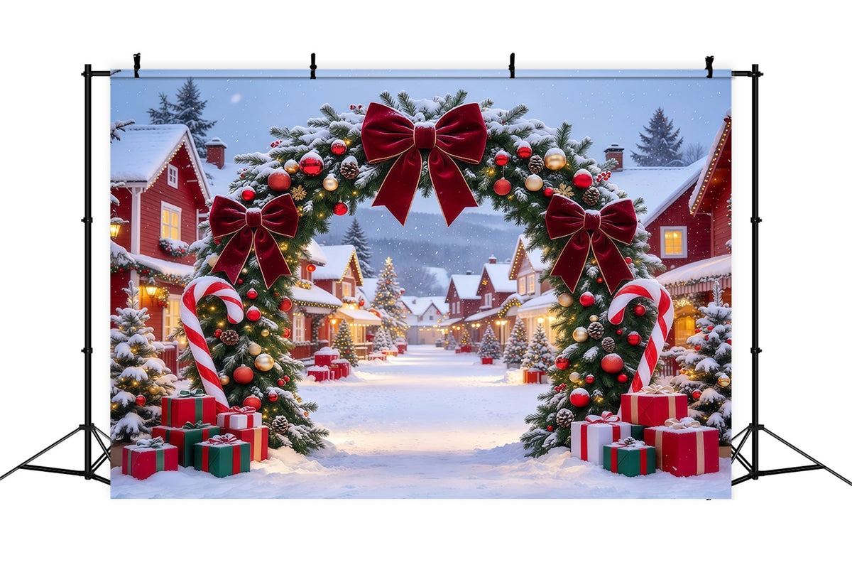 Weihnachtsdorf-Hintergrund Burgunderrote Schleife Zuckerstangen-Torbogen GQ610-62
