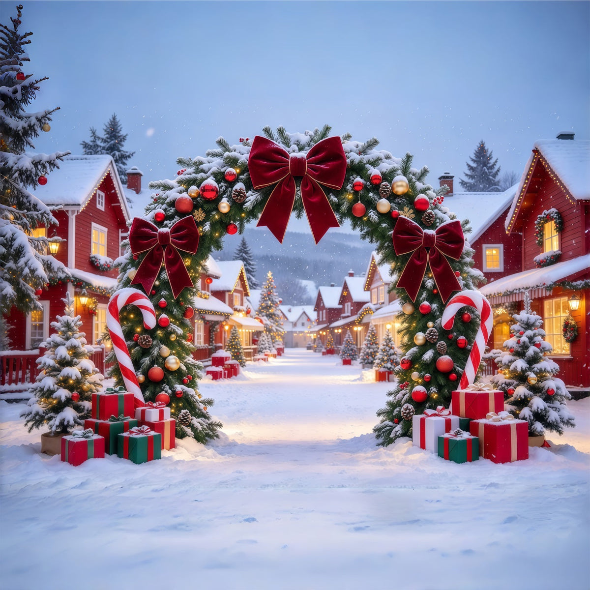 Weihnachtsdorf-Hintergrund Burgunderrote Schleife Zuckerstangen-Torbogen GQ610-62