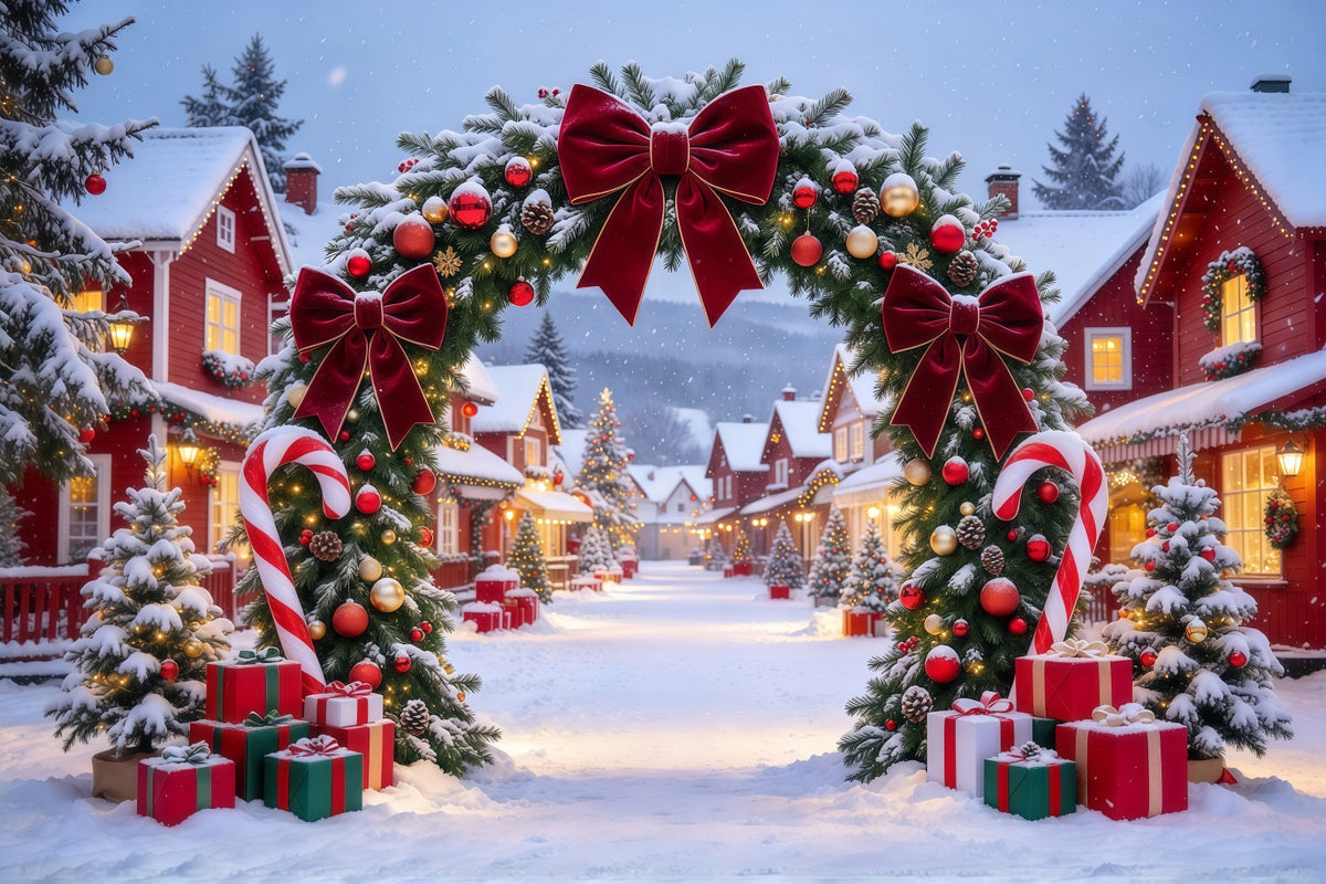 Weihnachtsdorf-Hintergrund Burgunderrote Schleife Zuckerstangen-Torbogen GQ610-62