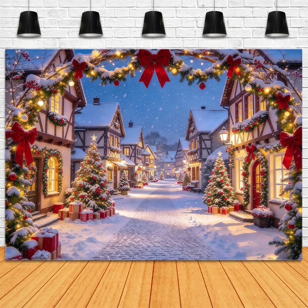 Weihnachtsdorf-Hintergrund Rote Schleife Verschneiter Torbogen GQ610-64