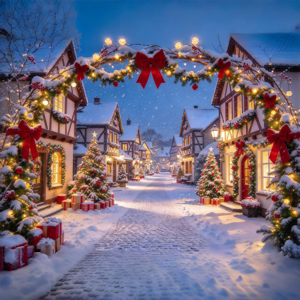Weihnachtsdorf-Hintergrund Rote Schleife Verschneiter Torbogen GQ610-64