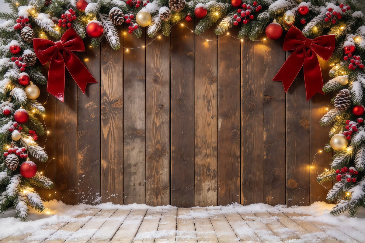 Weihnachtlicher Hintergrund Rustikaler Holzrahmen Schleife Weihnachtskugel GQ610-66