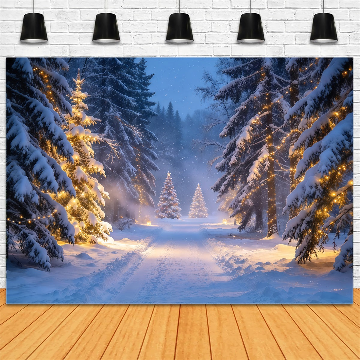 Weihnachtswald-Hintergrund Leuchtender Verschneiter Immergrüner Waldweg GQ610-67