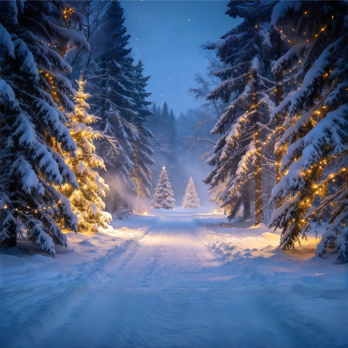 Weihnachtswald-Hintergrund Leuchtender Verschneiter Immergrüner Waldweg GQ610-67