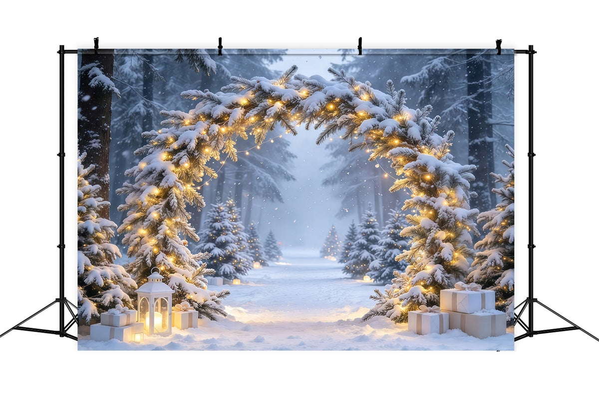 Weihnachtlicher Fotohintergrund Verschneiter Beleuchteter Immergrüner Torbogen GQ610-69