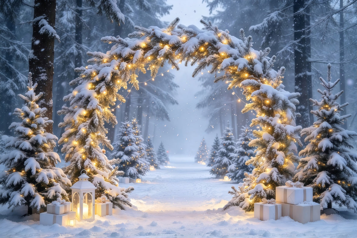 Weihnachtlicher Fotohintergrund Verschneiter Beleuchteter Immergrüner Torbogen GQ610-69